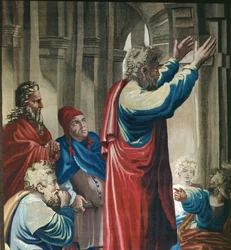 Apostolien tekoja kuvaava kuvakudos, pyhä Paavali saarnaamassa Pyhän Paavalin Areopagin yksityiskohtaa, kudottu Beauvais-työpajassa Philippe Behaglen johdolla 1641-1705, 1695-98 villaa